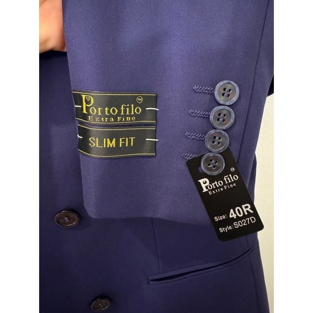 Porto Filo Mens Slim Fit Double Breasted Blazer Blue 40R S027D Designed in Italy